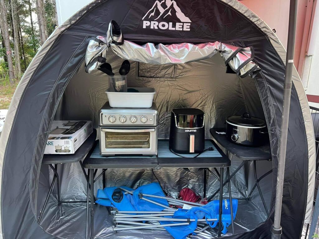 Bike Tent set up as a kitchen